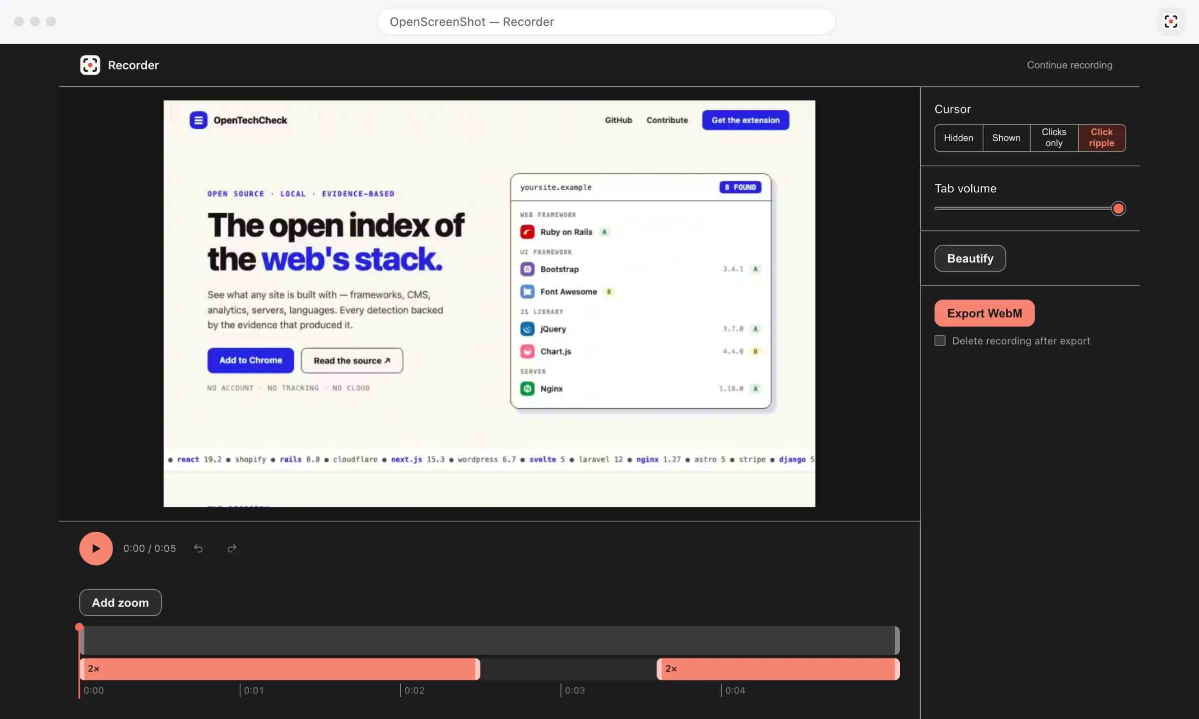 The OpenScreenShot recorder with a recorded page in the preview, cursor and tab volume controls, and a timeline with two 2x zoom blocks.